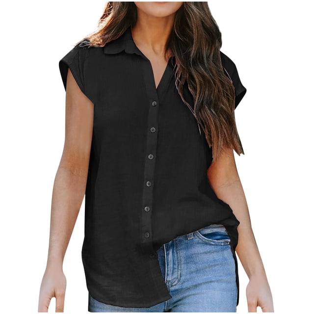 Womens Summer Casual Short Sleeve Blouse Button Solid Color Turndown Collar T-Shirt Tops