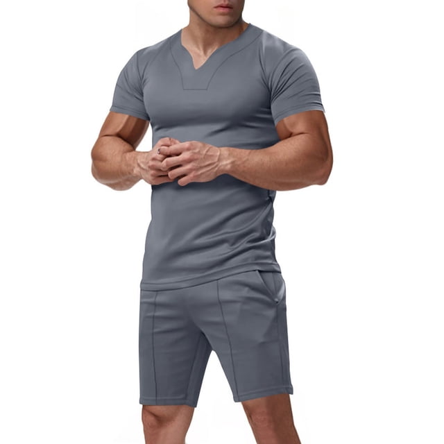 NTACZA Athletic Mens Shorts Set 2 Piece Short Sleeve Tracksuits Mens Muscle Crew Neck Sweatsuits XL