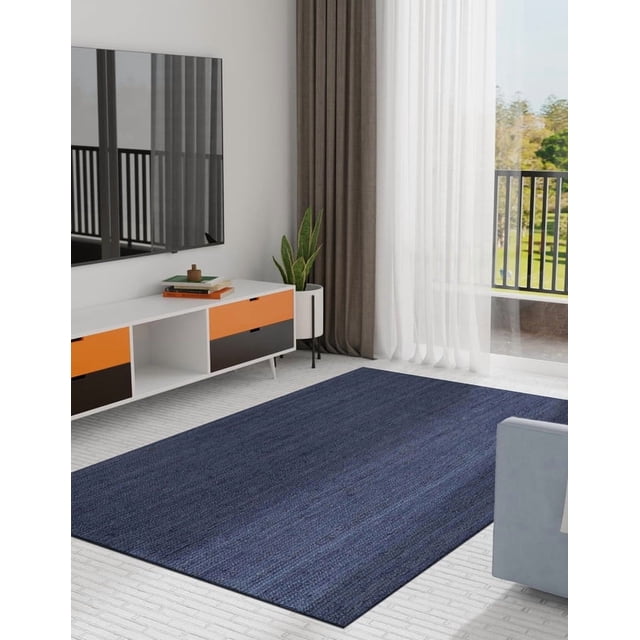 Aizza Trends 3x9 Ft Navy Blue Jute Area Rug, Boho Chic Natural Jute Area Rug - Hand-Braided, Rustic Farmhouse Decor for Living Room Carpet,