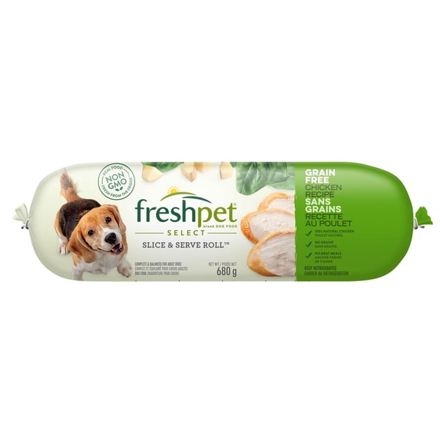 Freshpet Select Grain Free Tender Chicken Dog Food slice and serve roll weighing 680 grams, made with fresh natural chicken, potatoes, and spinach for a balanced grain free meal, featuring non-GMO ingredients, no grains, and no meat meals, in a green and white cylindrical package with sliced chicken images.