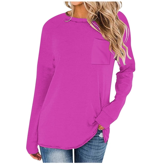 Timegard Womens Tops Crewneck Long Sleeve Drop Shoulder Basic Tee Fall Casual Loose Tops with Pocket