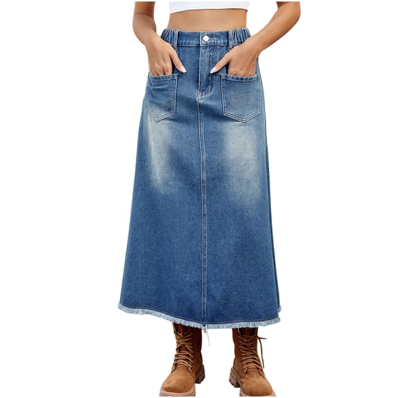 Tumotour Denim Skirt For Women Button Down Cargo High Waist Long Skirt Knee Length Denim Skirts With Cargo With Pockets