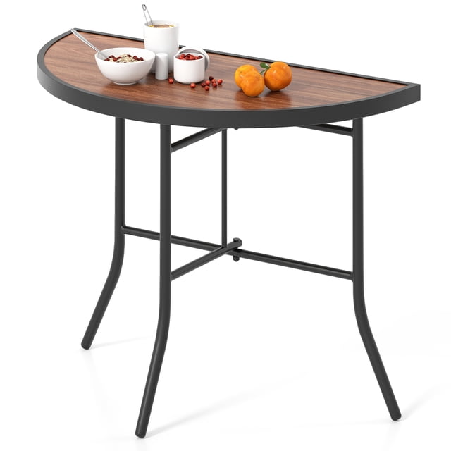 Gymax Table d'Événement Demi-Ronde Pliable Table de Banquet Pliable avec Cadre en Métal Brun