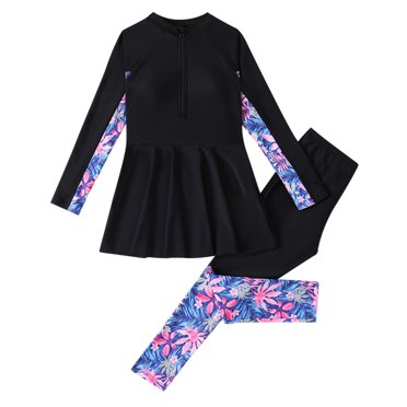 MIASHUI Girls Rash Guard Swimsuit Sets Floral Print Long Sleeve Top and Pant,Green,7-8 Years