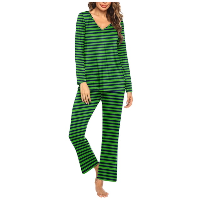Timegard Ensembles de Pyjamas pour Femmes 2 Pcs à Rayures Manches Longues Col en V Haut Froncé et Pantalon Tenues de Pjs d'Automne