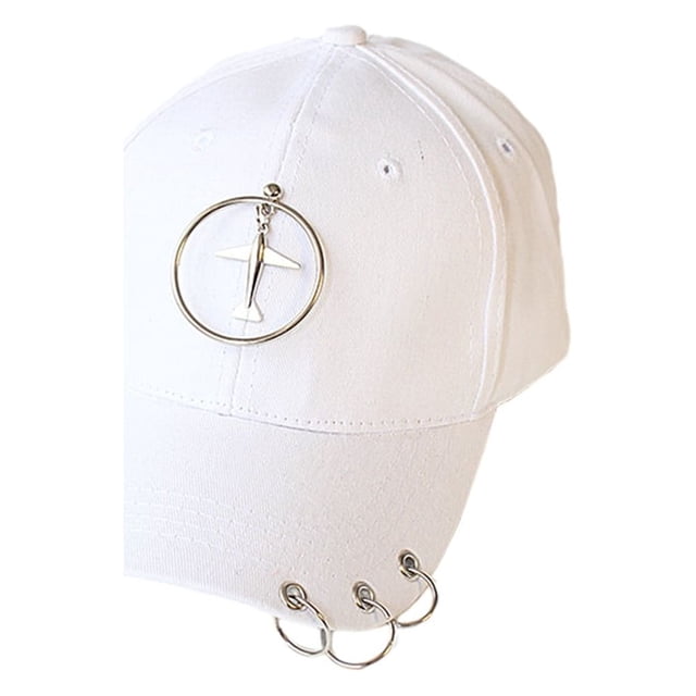 Thinsony Hip Hop Baseball Cap With Ring Decor For Stylish Look Cotton Ring Baseball Hat Fits All Head Shape Comfortable White 1Set