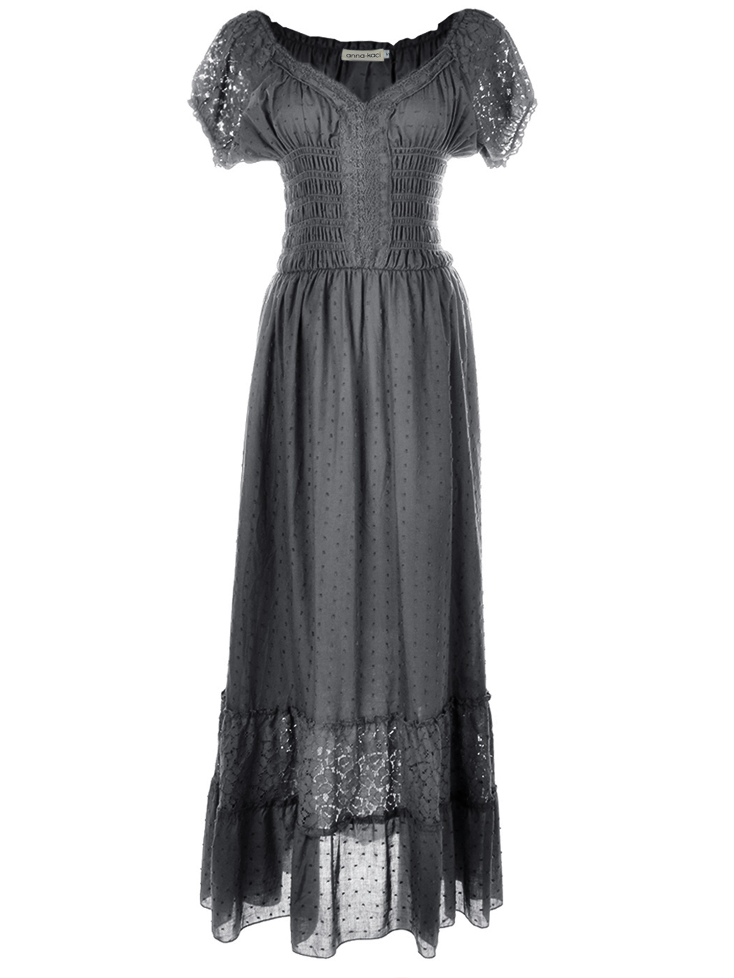 Women Renaissance Peasant Maiden Boho Inspired Cap Sleeve Lace Trim Maxi Dress, Grey, XX-Large