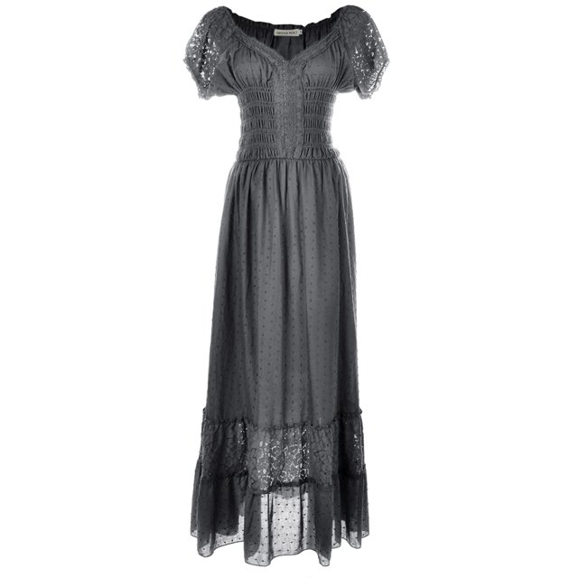 Robe Maxi pour Femme, Style Renaissance Paysanne, Style Bohème, Manches Cap, Bordure en Dentelle, Gris, Moyen