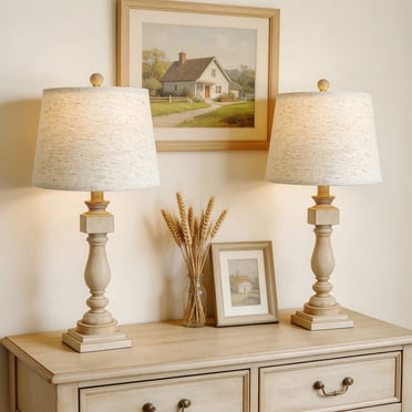 Tnuyoah 26'' Farmhouse Table Lamps for Living Room Set of 2 - Traditional Bedside Lamps for Bedroom - Nightstand Lamps with Beige Fabric Shades, Gray