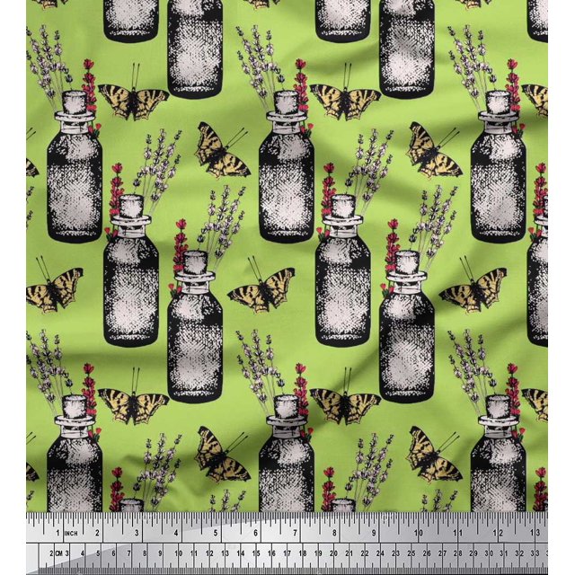 Soimoi Green Modal Satin Fabric Insect,Lavender & Vintage Bottle Fabric Prints by Yard 42 Inch Wide