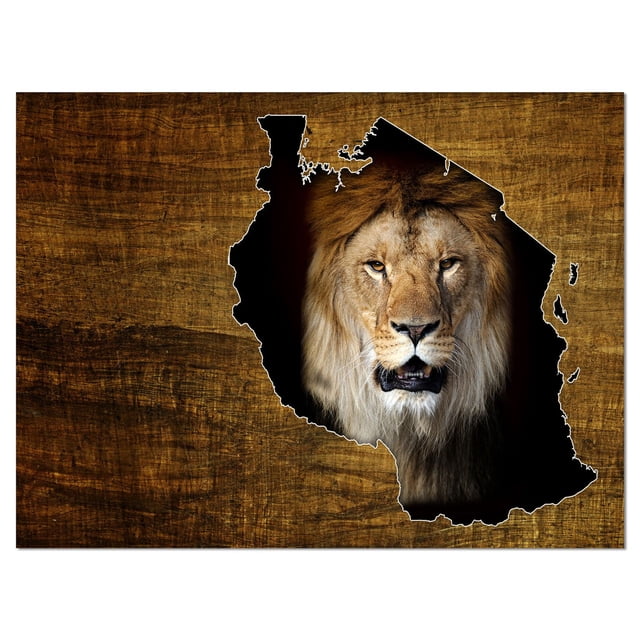Design Art Carte Faune de la Tanzanie Design Impression sur Toile Montrant un Visage de lion dans la silhouette de Carte de la Tanzanie sur un Fond en Bois Texturé, Galerie Enveloppée dans un sous-Cadre en Bois de 1 Po, Prête à Accrocher comme Art Mural et Impression sur Toile pour la Déco de la Maison.