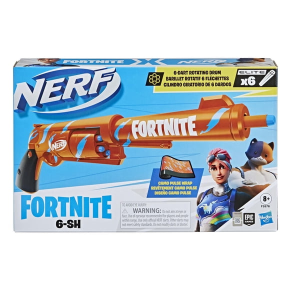 Nerf Fortnite 6-SH Dart Blaster -- Camo Pulse Wrap, Hammer Action Priming, 6-Dart Rotating Drum, Includes 6 Official Nerf Elite Darts