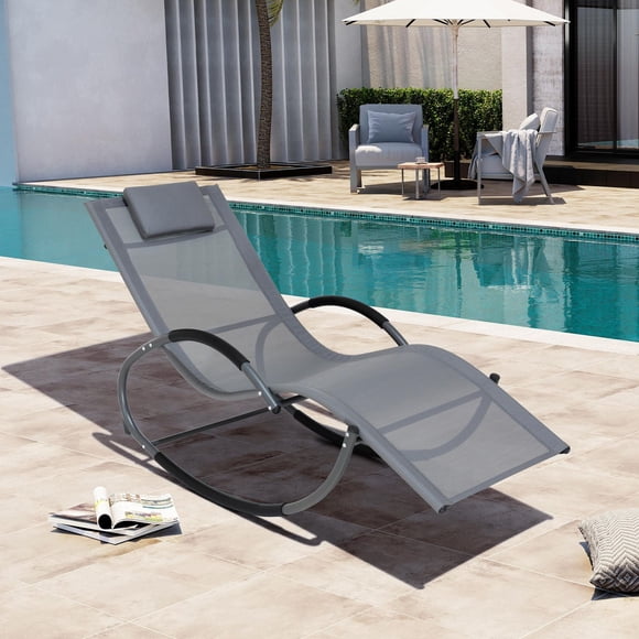 Deko Living Outdoor Rocking Chaise Textilene Lounge Chair with Headrest Pillow