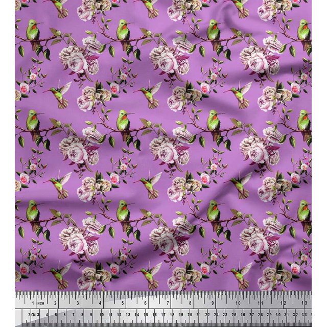 Soimoi Rayon Fabric Hummingbird,Leaves & Rose Floral Print Sewing Fabric Yard 42 Inch Wide