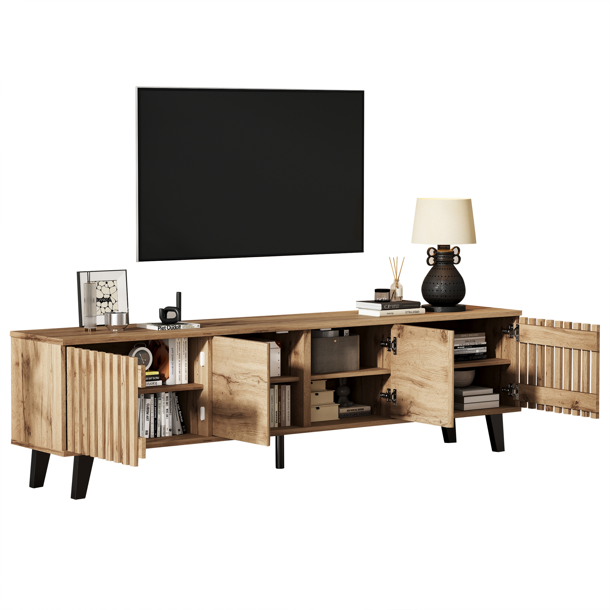 Homy Casa 65" Fluted Mid-Century TV Stand with 4 Doors and 8 Shelves for 32–65" TVs, Natural Wood