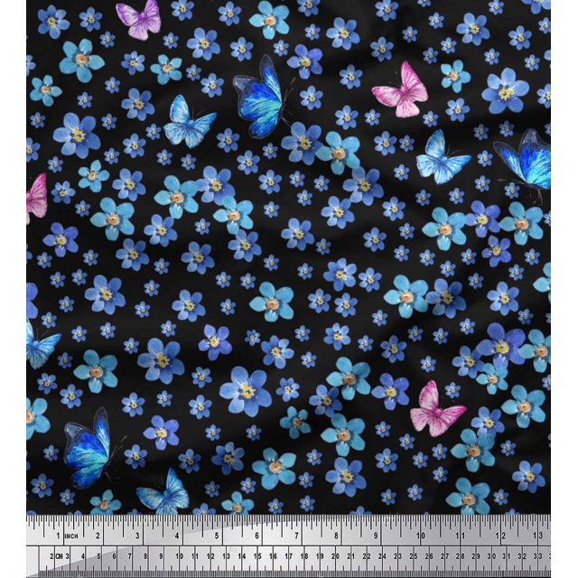 Soimoi Cotton Voile Fabric Butterfly & Flower Decor Fabric Printed Yard 56 Inch Wide