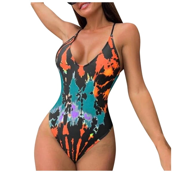 TJAZFJPA Swimsuit Romper for Women with Built in Bra Women's Bikini Suit Gradient Tie Dye Leaky Back Mid Waist Swimsuit 1 Piece Swimsuit Women Tummy Control Plus Size