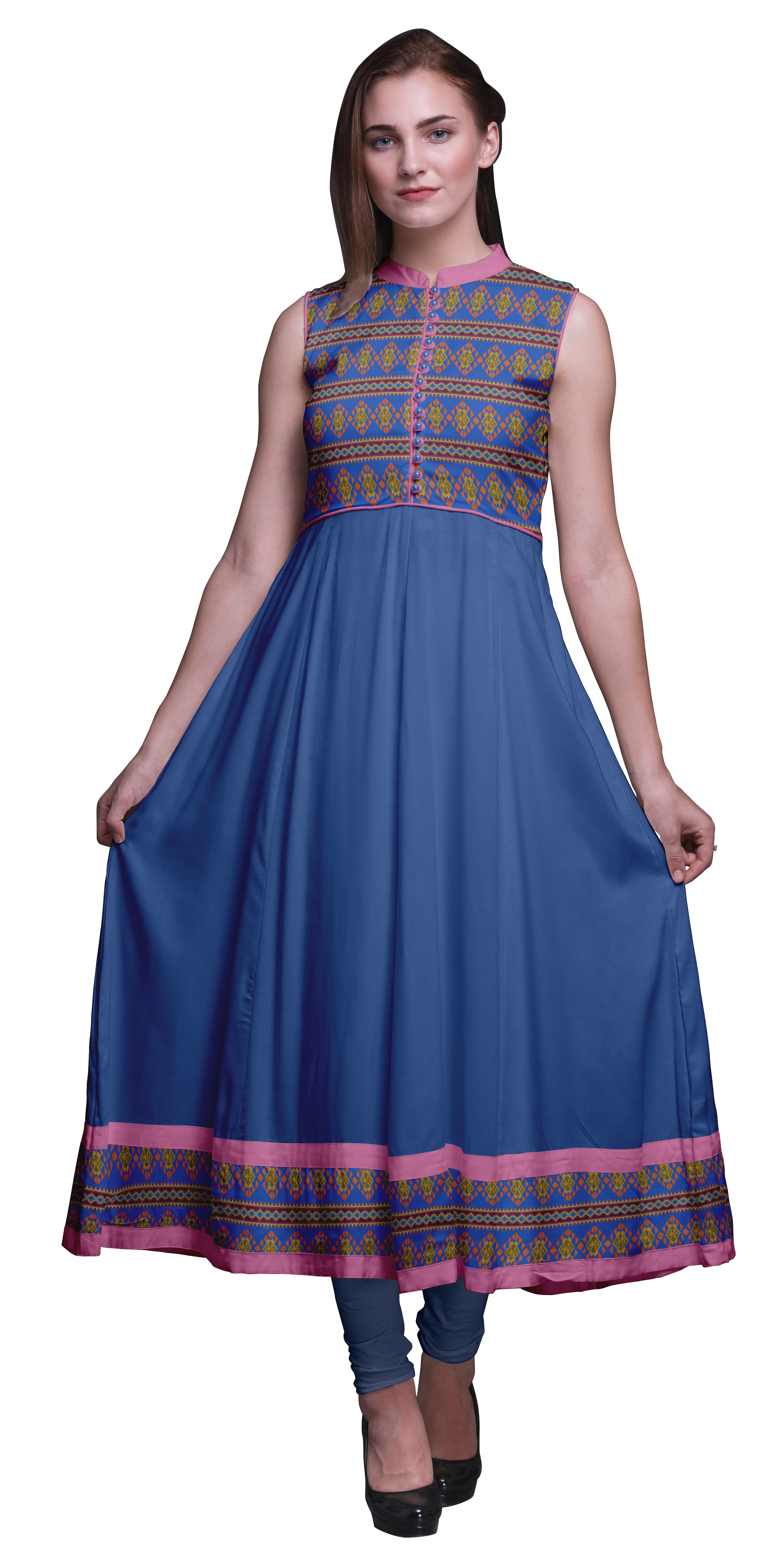 Bimba Robe Anarkali Bleue à Imprimé Géométrique pour Femme, Col Mandarin, Designer, Kurta Ethnique Indienne, Très Grande