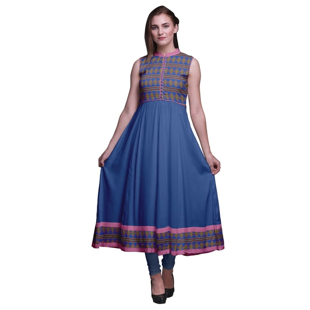 Bimba Robe Anarkali Bleue à Imprimé Géométrique pour Femme, Col Mandarin, Designer, Kurta Ethnique Indienne, Grande