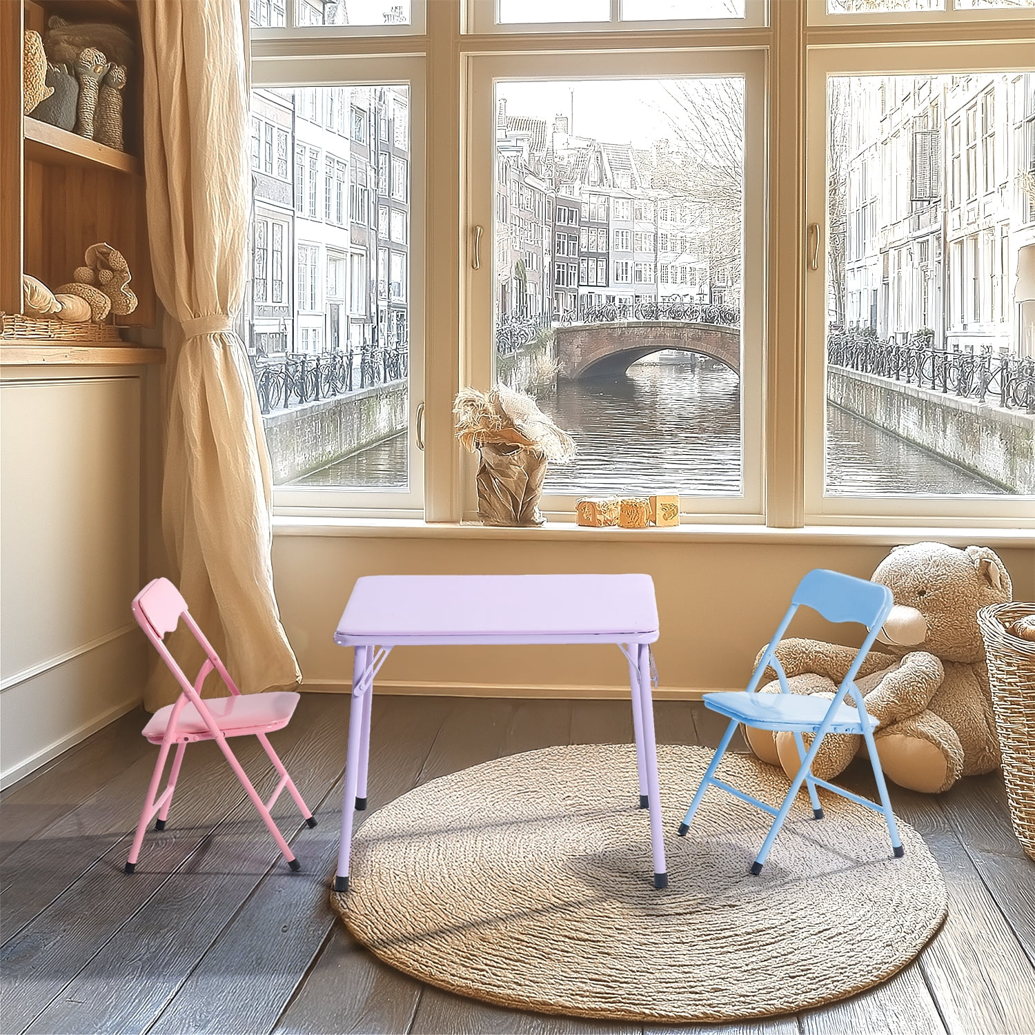Ensemble table d'activité et 2 chaises pliantes pour enfants Homy Casa, 24 po, métal pour tout-petits et préscolaire, rose/violet/bleu