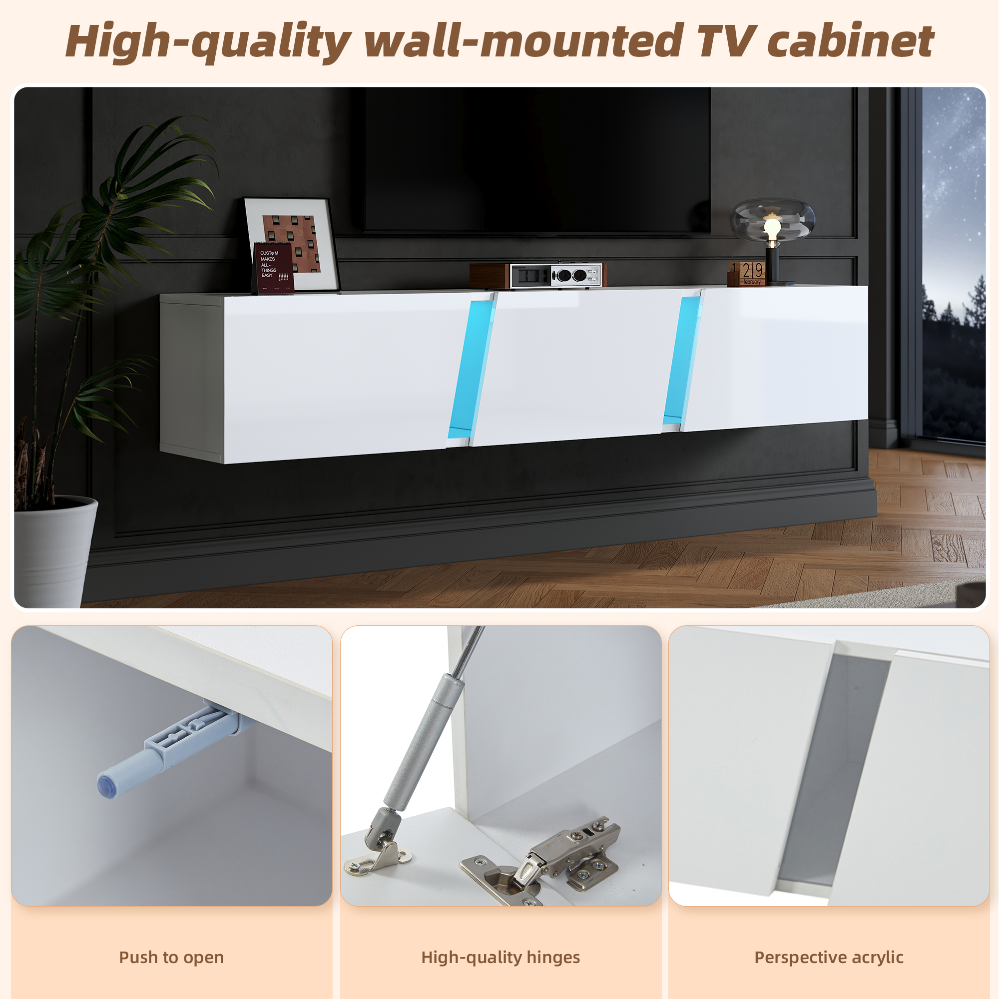 Homy Casa meuble télé flottant 64,9 po avec DEL, 3 portes et 5 compartiments pour téléviseur 65 po