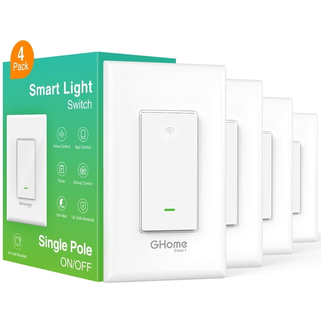 GHome Smart Switch,Smart Interrupteur Lumineux Wi‐Fi Compatible avec Alexa et Google Assistant 2,4 GHz, Monopole, Fil Neutre Requis, Certifié UL, Commande à Distance/voix, Aucun Concentrateur Requis (Lot de 4)