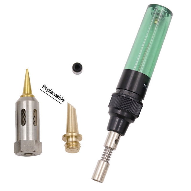 EGNMCR Ensemble de Fer à Souder Portable 4 en 1 avec Conception de Type Stylo, Réservoir transparent Vert et Embouts Remplaçables. Ce Fer à Souder Alimenté au Butane Chauffe jusqu'à 842 °F (450 °C) pour des applications Polyvalentes comme le Soudage, la Découpe de Plastique et les Réparations de Cartes de circuit. Compact et Idéal pour une Utilisation Intérieure et Extérieure.