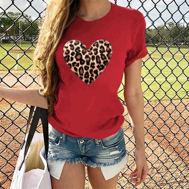 Soki T-Shirts Décontractés pour Femmes à Imprimé Léopard, Col Rond, Manches Courtes