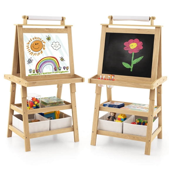 Costway Kids Art Easel Double Sided Chalkboard Magnetic Whiteboard with Storage Tray Pink Natural