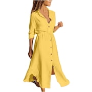 Cameland Women's Solid Color Single Breasted Lapel Drawstring Shirt Dress Cotton Linen Dress