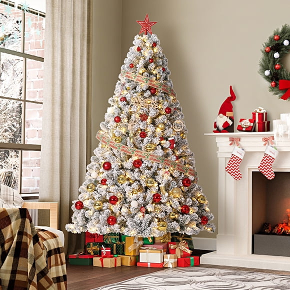 PIONEERWORKS 9ft Pre-lit Artificial Christmas Tree with LED Lights, Snow Flocked Full Prelighted Xmas Tree W/2084 Branch Tips, 900 Incandescent Lights & Foldable Stand, Green & White