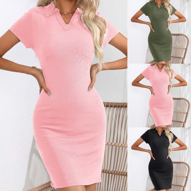 Yuyuzo Robe Mini pour Femmes à Manches Courtes, Col en V, Robe Courte, Fête, Boîte de Nuit, Décontractée, Coupe Ajustée, Robes Crayon