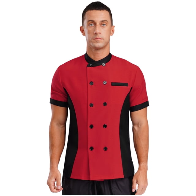 TiaoBug Unisex Chef Jacket Double Breasted Short Sleeve Chef Coat Hotel Restaurant Kitchen Work Wear Burgundy M