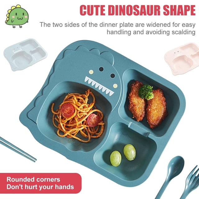 Dinosaur Dinnerware Set for Kids Wheat Stalk Cartoon Dinner Plate Child Dishes 4-Piece Set,Green