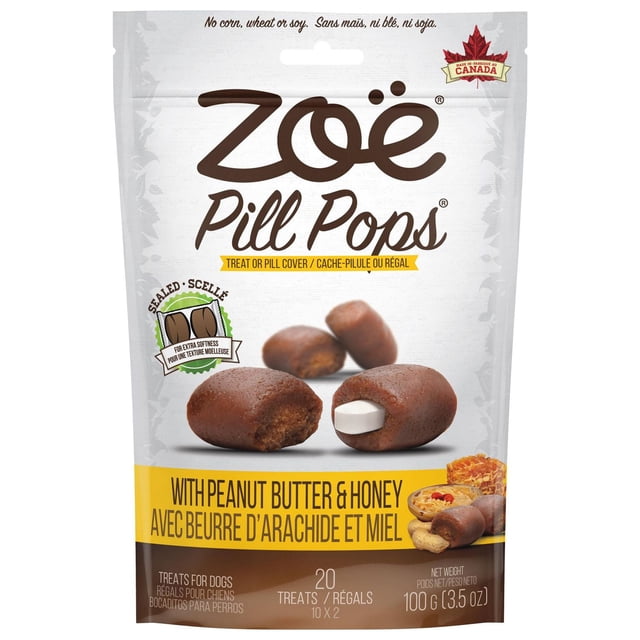 Zoe Pill Pops Dog Treats, Peanut Butter with Honey 100 G soft, individually wrapped moist chews in a 100 g bag. Peanut-butter-and-honey flavour treats designed to ease pill administration as a treat or pill cover; free of corn, wheat, soy and artificial flavours, made in Canada, and often used as training rewards.