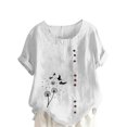 thumbnail image 2 of Économies d'Été! Horkkom Chemises à Manches Courtes pour Femmes Été Grande Taille Chemises en Lin Décontractées Col Rond Imprimé Floral Blouses Amples, 2 of 4