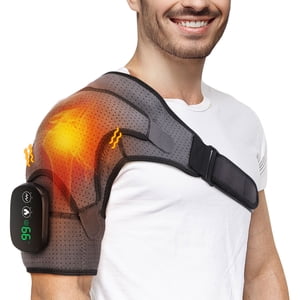 Heated Shoulder Brace with Vibration, Cordless Shoulder Heating Pad, Shoulder Massager Heated Shoulder Wrap for Neck and Shoulder Deep Issue, 3 Vibration and Temperature Settings, LED Display, Grey