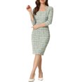 thumbnail image 2 of INSPIRE CHIC Robe à Carreaux pour Femme Encolure Carrée Manches 3/4 Moulante Midi Robe de Travail L Vert, 2 of 6