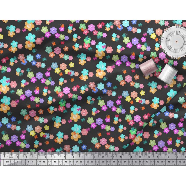 Soimoi Black Rayon Crepe Fabric Insect & Floral Clip Art Decor Fabric Printed BTY 46 Inch Wide