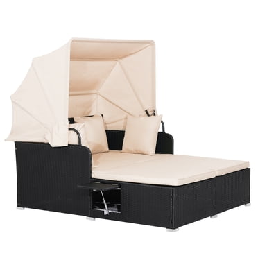 Gymax Patio Rattan Daybed Lounge Retractable Top Canopy Side Tables Cushions Beige