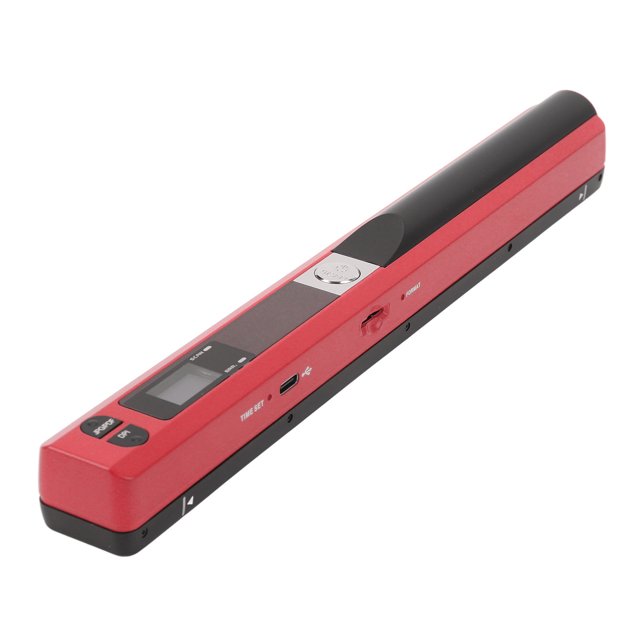 A4 Documents Handheld Image Scanner 900 DPI Multifunctional Portable Scanner for Home and Office. The compact red and black handheld scanner features a sleek design with a small display screen, USB 2.0 port, and control buttons. It supports black and color scanning with resolutions of 300DPI, 600DPI, and 900DPI. Compatible with XP and OS X 10.4 or above, it offers offline scanning and saves files in JPEG or PDF formats. Requires 2 AA batteries and a memory card, both not included.