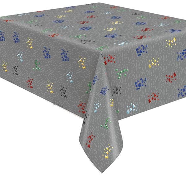 Minecraft Rectangular Plastic Table Cover, 54" x 84", with a grey background and multicoloured pixelated Minecraft icons, made of wipe-clean plastic suitable for parties, picnics, and classroom use.