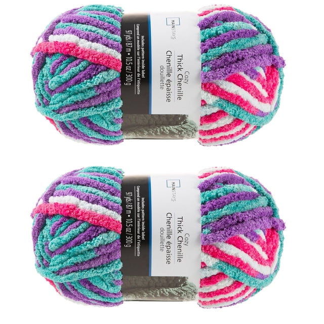 MAINSTAYS 2 PACK PARADE THICK YARN with two skeins of multicolour thick polyester chenille yarn in purple, teal, pink, and white stripes, each weighing 10.5 ounces and measuring 97 yards, ideal for knitting or crocheting warm scarves, blankets, or bulky projects.