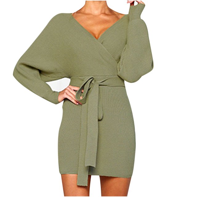 CEHVOM Femmes Couleur Unie Sexy Dentelle V Cou Sac Hanche Robe à Manches Longues