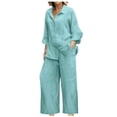 thumbnail image 1 of Women 2 Piece Linen Sets 2025 Button Up Long Sleeve Shirt Drawstring Wide Leg Pants Set Summer Outfits, 1 of 4