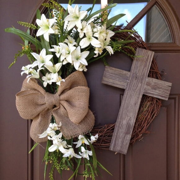 DEBGFS Couronne de Pâques pour Porte, Décoration Suspendue avec Croix, Guirlande de Bouquet pour Décoration de Porte d'Entrée, Plante et Fleur Artificielles, Décorations pour le Jour du Lien, Couronne de Vignes de Raisin, whitescarf, Taille Unique
