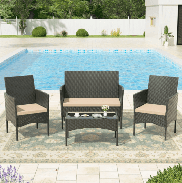 Kullavik 4-Piece Outdoor Patio Furniture Set, All-Weather PE Wicker Sofa Set with Cushions and Tempered Glass Coffee Table, Patio Set for Backyard, Lawn, Poolside,Khaki