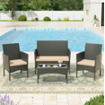 thumbnail image 1 of Kullavik 4-Piece Outdoor Patio Furniture Set, All-Weather PE Wicker Sofa Set with Cushions and Tempered Glass Coffee Table, Patio Set for Backyard, Lawn, Poolside,Khaki, 1 of 1