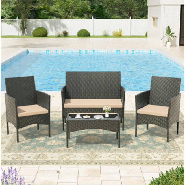 Kullavik 4-Piece Outdoor Patio Furniture Set, All-Weather PE Wicker Sofa Set with Cushions and Tempered Glass Coffee Table, Patio Set for Backyard, Lawn, Poolside,Khaki
