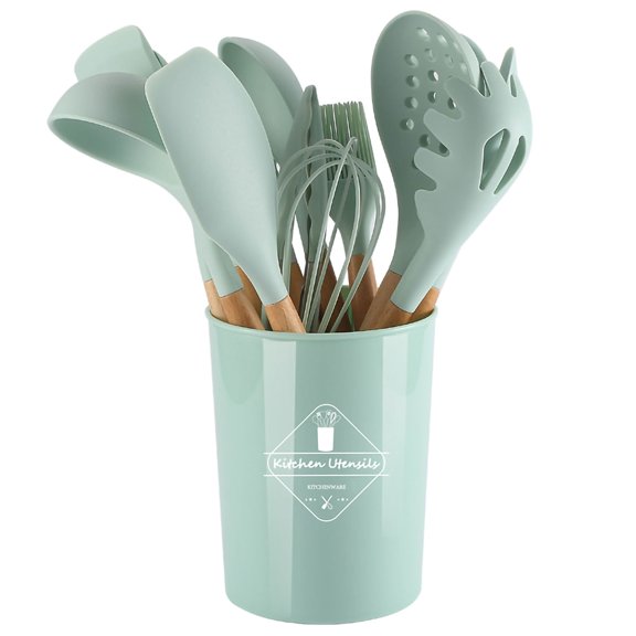 Handle Kitchenware Kit Silicone Cookware Set Wood Handle Non Stick  with Container